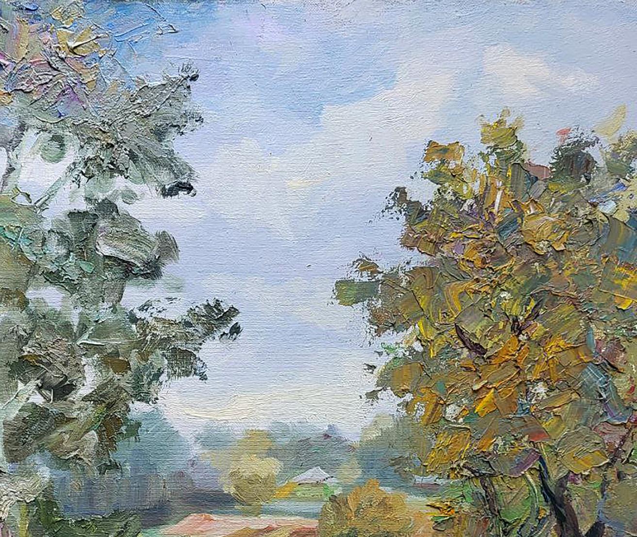 Impasto oil painting of Silver poplars by Boris Serdyuk, textured green foliage and blue sky