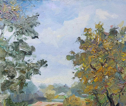 Impasto oil painting of Silver poplars by Boris Serdyuk, textured green foliage and blue sky