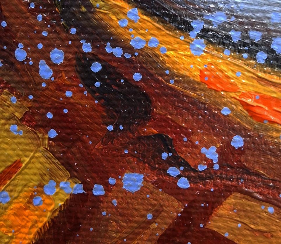 Oil painting Boomerang watchers by Sergiy Voichenko with orange red black strokes blue splatters