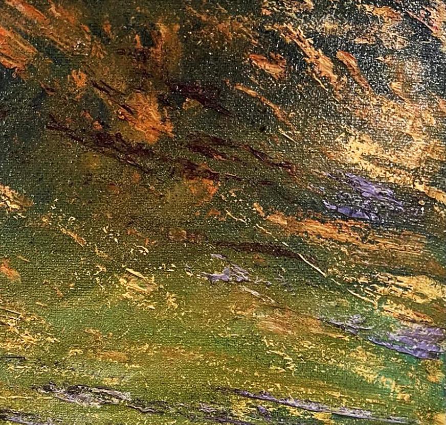 Oil painting Mountain Plains by Serhiy Kovalev with textured green, brown, purple strokes