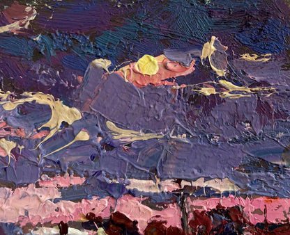 Oil painting Pink winter evening by Oksana Ivanyuk with purple impasto strokes