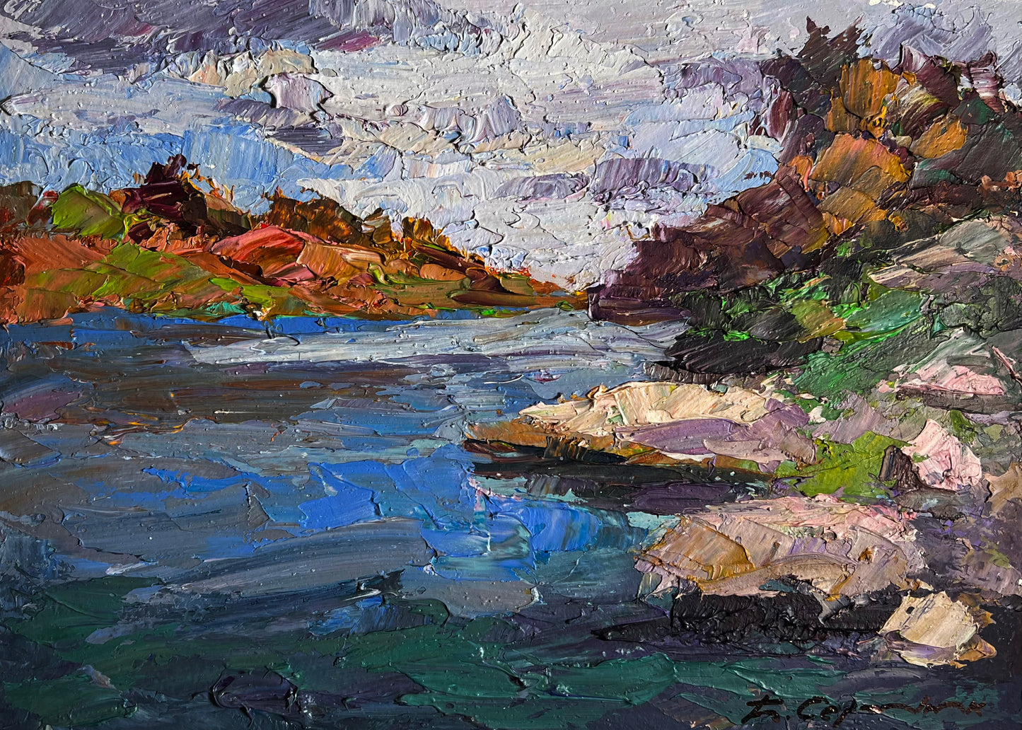 Impasto textured landscape painting by Boris Serdyuk, river in rocky terrain