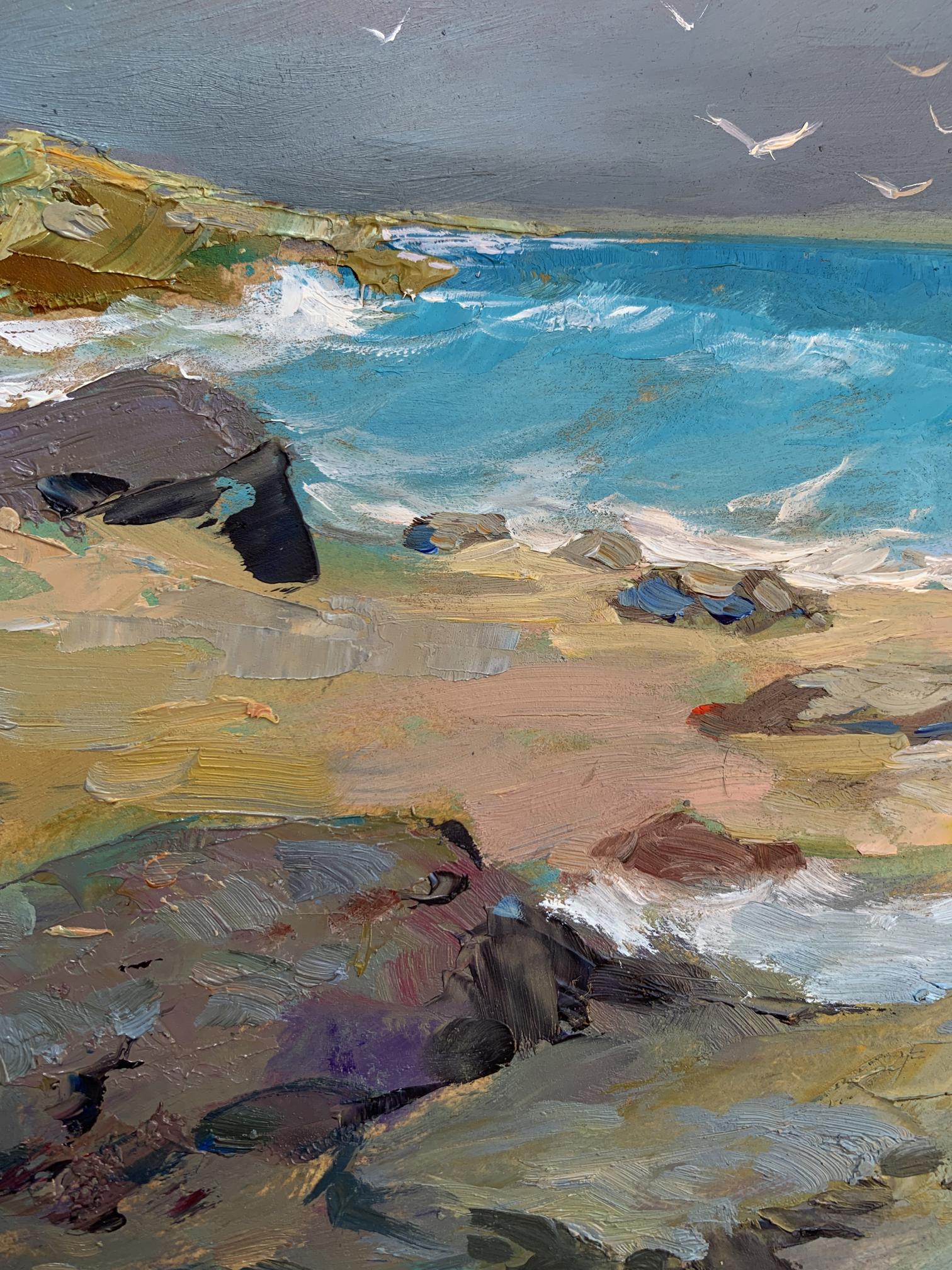 Oil painting of white seagulls on seashore with turbulent waves by Yuriy Suprunchuk