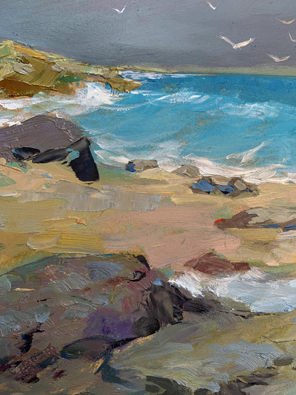 Oil painting of white seagulls on seashore with turbulent waves by Yuriy Suprunchuk