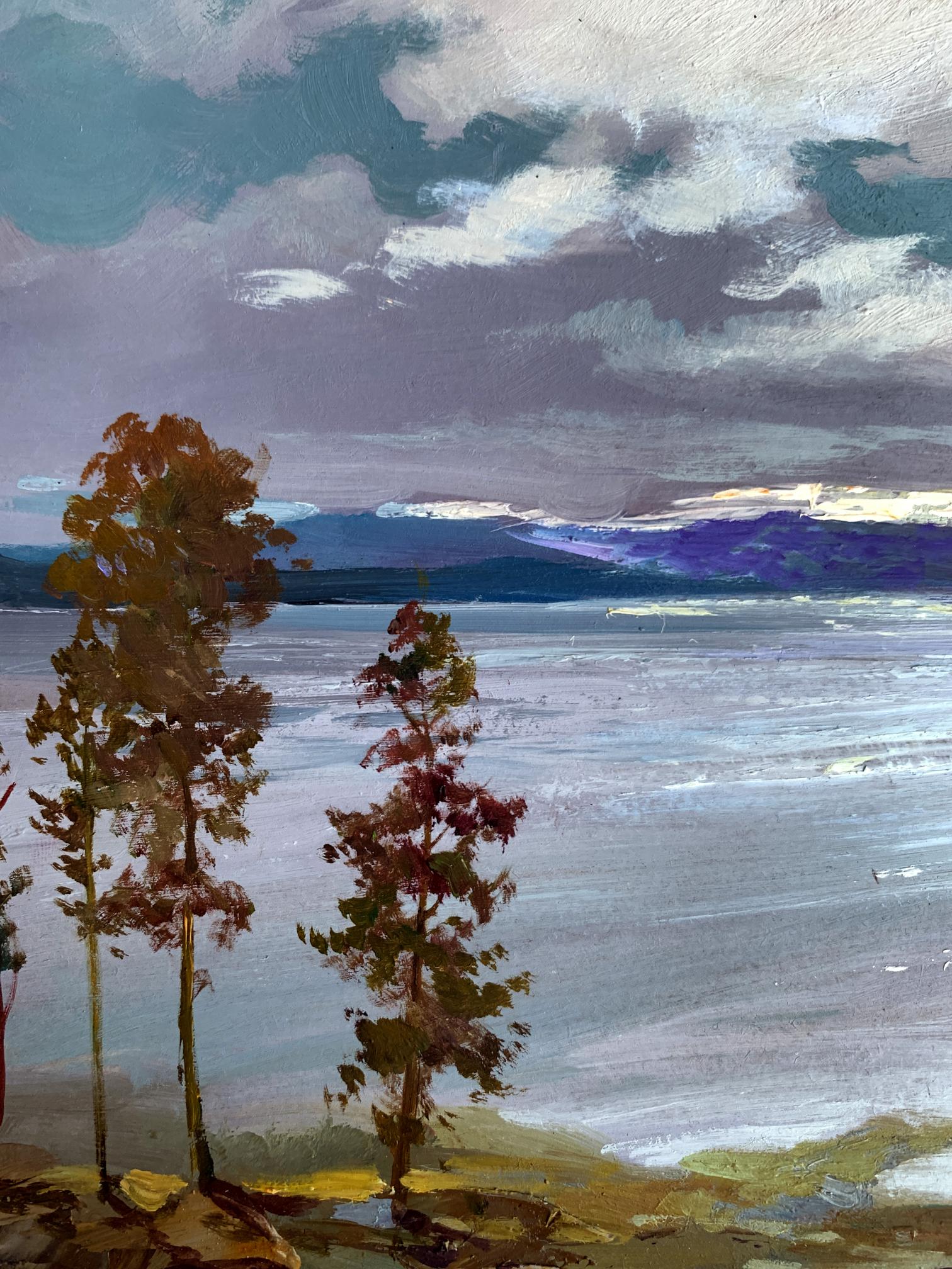 Oil painting by Yuriy Suprunchuk: serene lakeside with autumn trees under dramatic sky