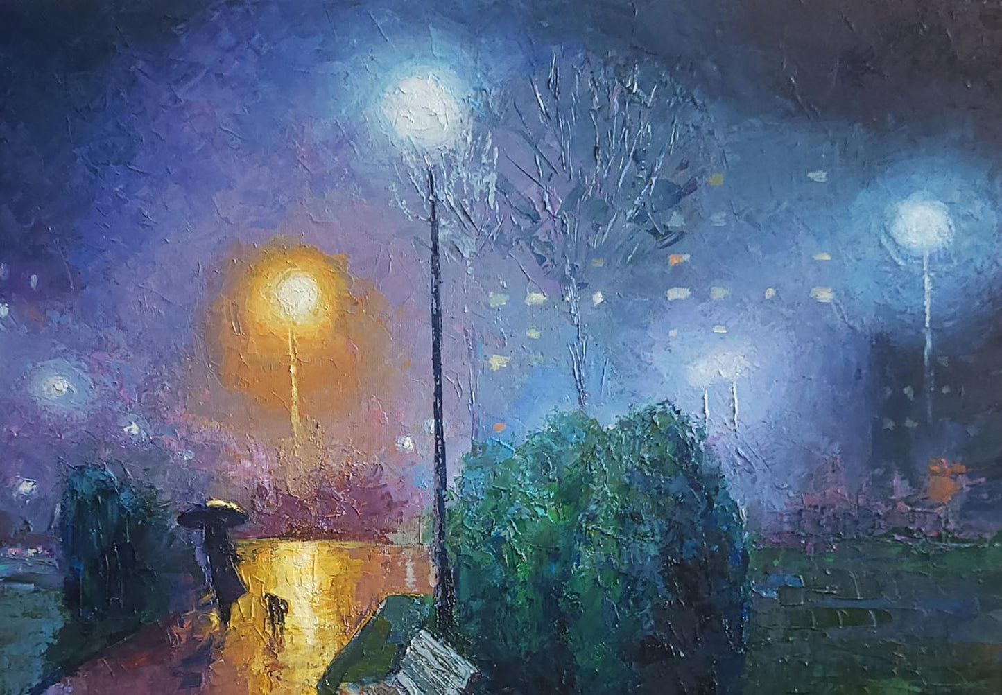Oil painting Under the rain by Boris Serdyuk: moody rainy night with glowing lights