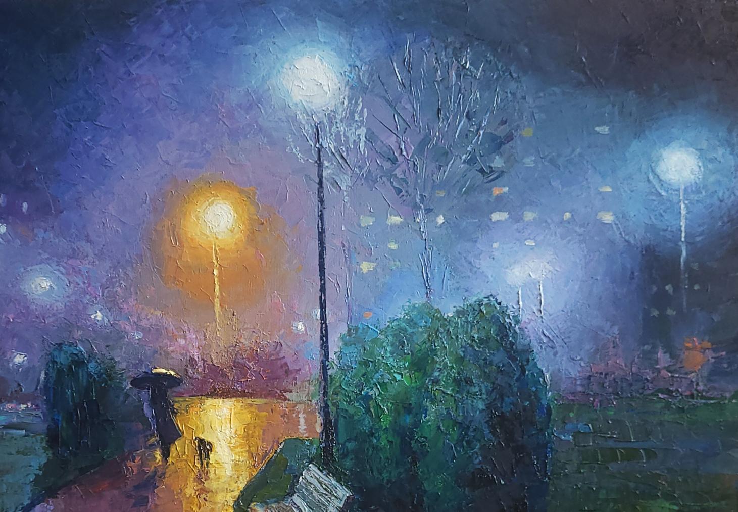 Oil painting Under the rain by Boris Serdyuk: moody rainy night with glowing lights