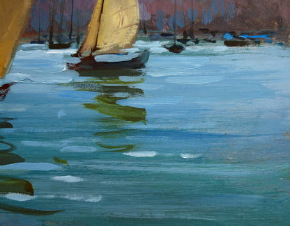 Oil painting of sailboat with tan sail on blue water by Yuriy Suprunchuk