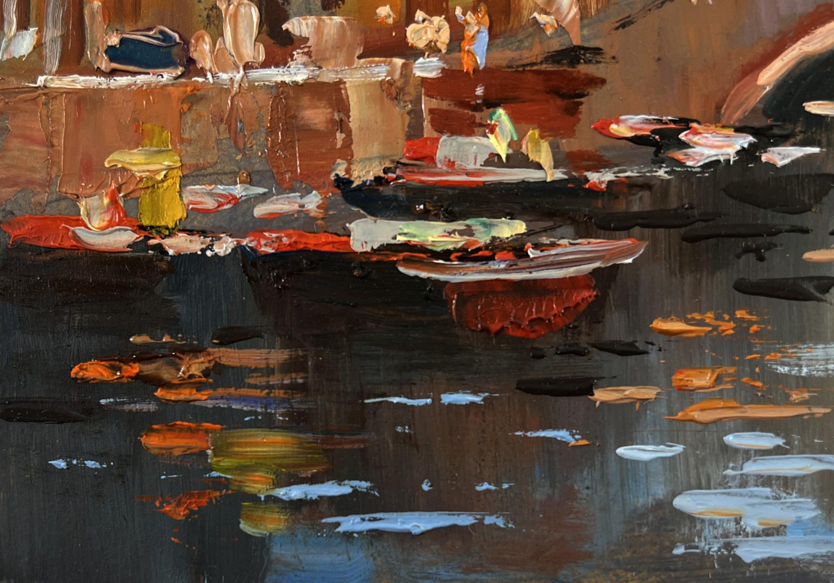 Abstract Yuriy Suprunchuk oil painting of City Central Bridge in earthy tones