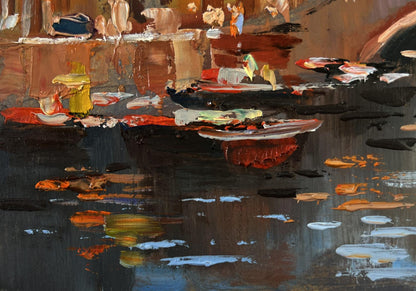 Abstract Yuriy Suprunchuk oil painting of City Central Bridge in earthy tones