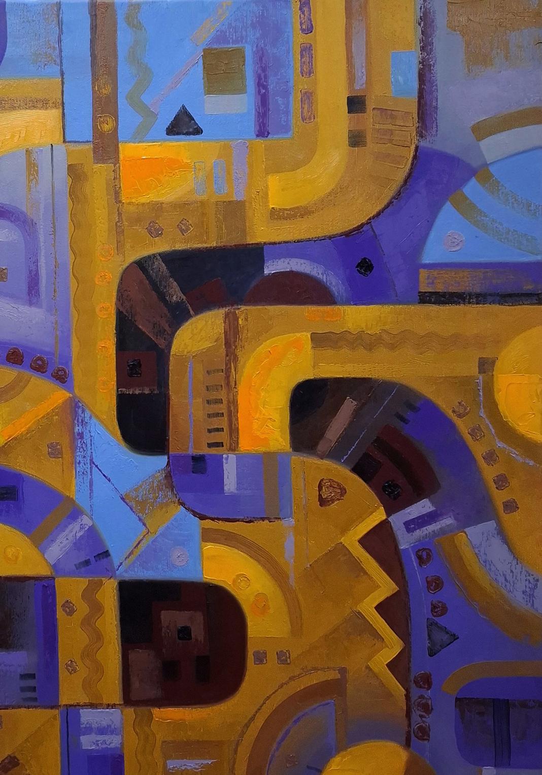 Oil painting Light lines by Sergiy Voichenko with bold geometric shapes in yellow, purple, blue