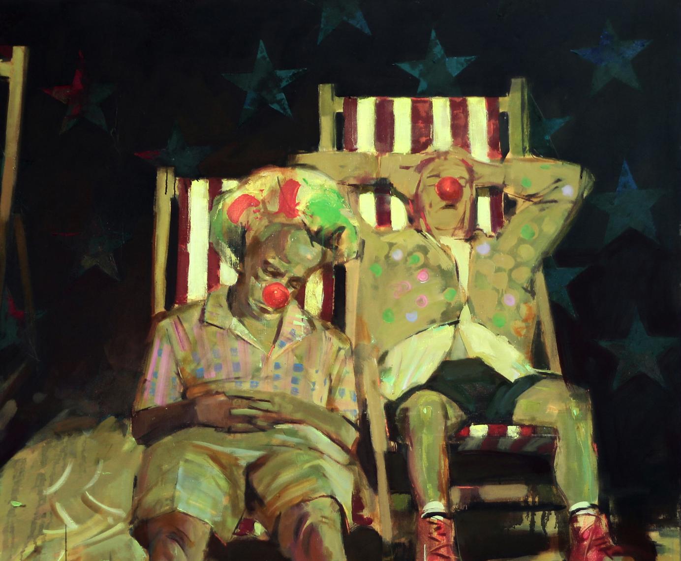 Oil painting by Ed Potapenkov: two clowns with red noses in beach chairs under starry sky