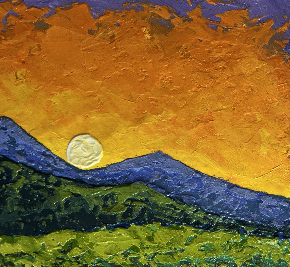 Oil painting of sunset hues over summer mountains by V. Zadorozhnya
