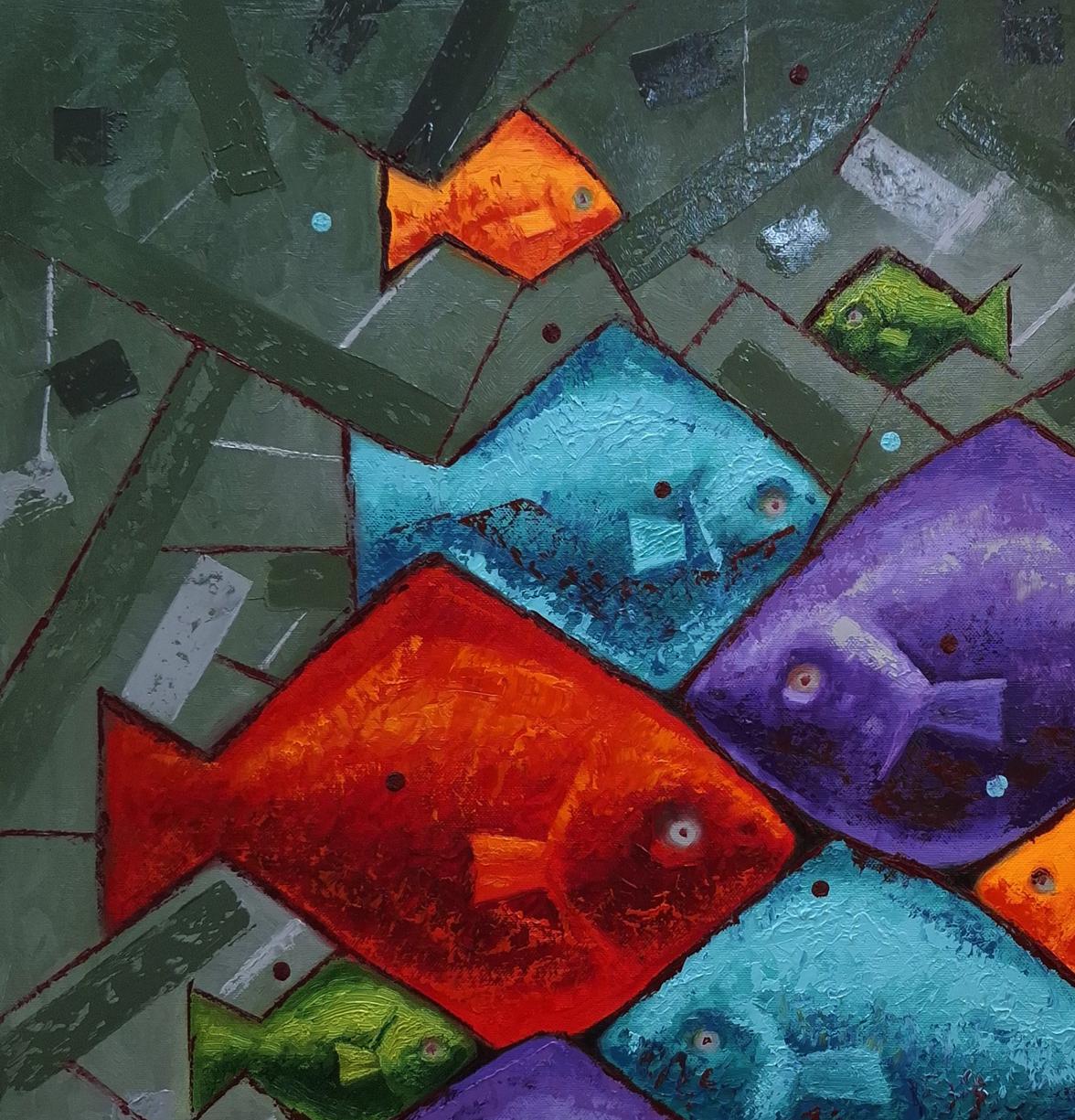 Vibrant abstract oil painting Eleven Brightly Colored Fish by Sergiy Voichenko