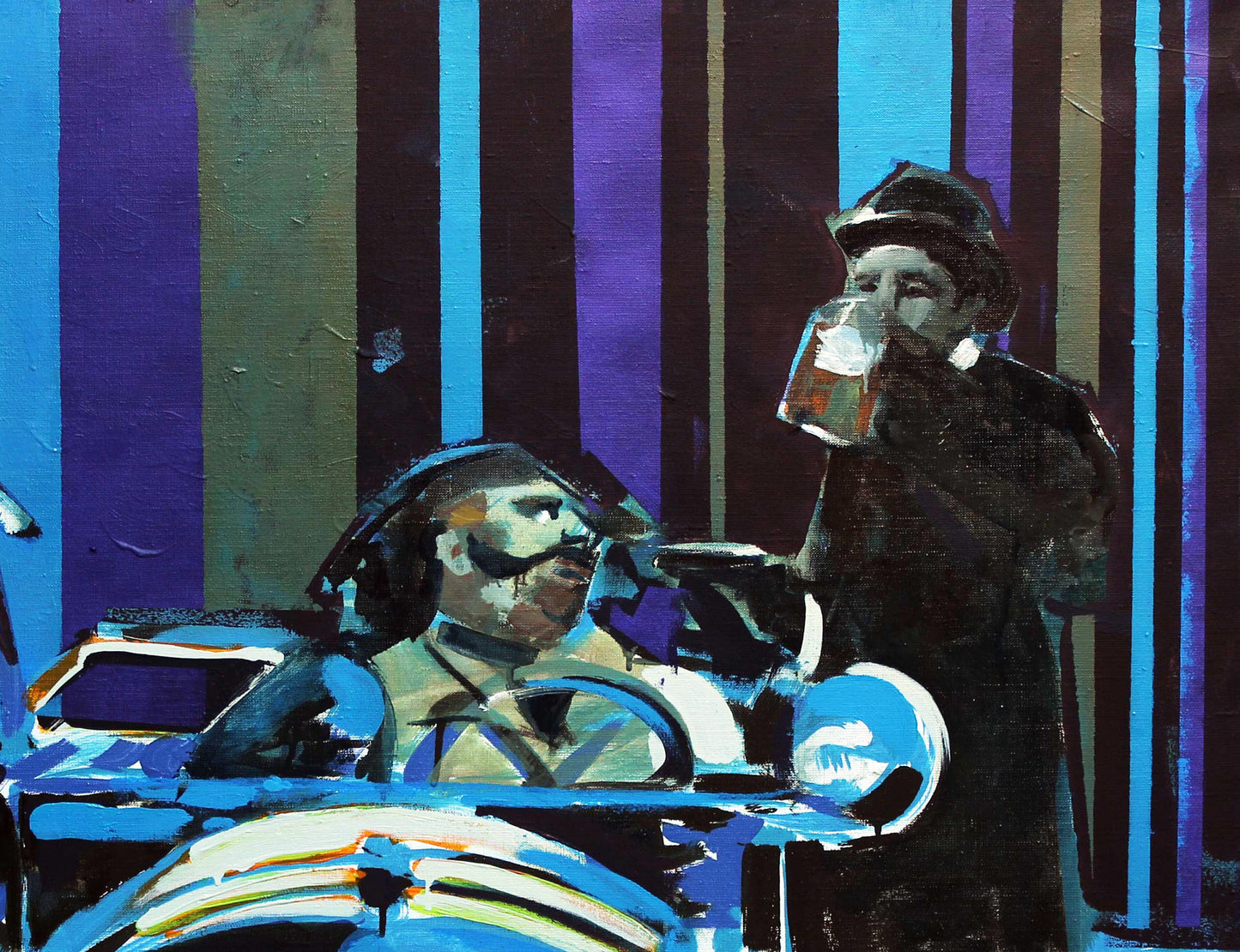 Oil painting Good evening with friends by Ed Potapenkov: men in vintage car with beer