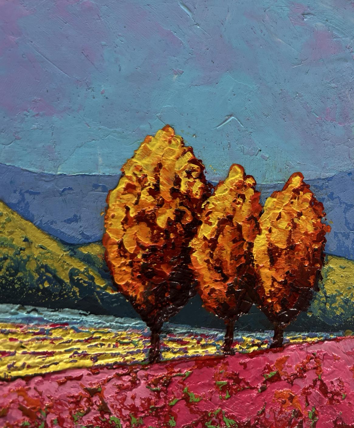 Oil painting of three autumn guards among fields by V. Zadorozhnya