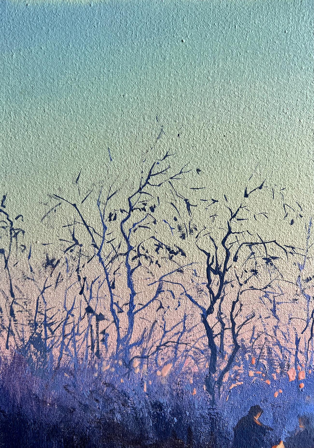 Oil painting Quiet gatherings around the fire by Tatyana Derdey with dark silhouetted branches on teal to pink purple sky