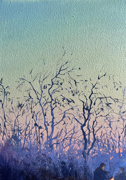Oil painting Quiet gatherings around the fire by Tatyana Derdey with dark silhouetted branches on teal to pink purple sky