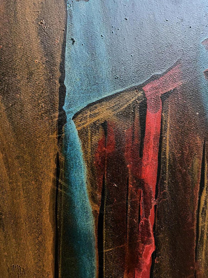 Oil painting Movement by Serhiy Kovalev with bold blue, red, brown strokes