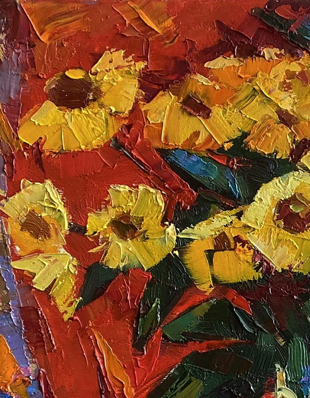 Vibrant yellow sunflowers oil painting on red background by Oksana Ivanyuk
