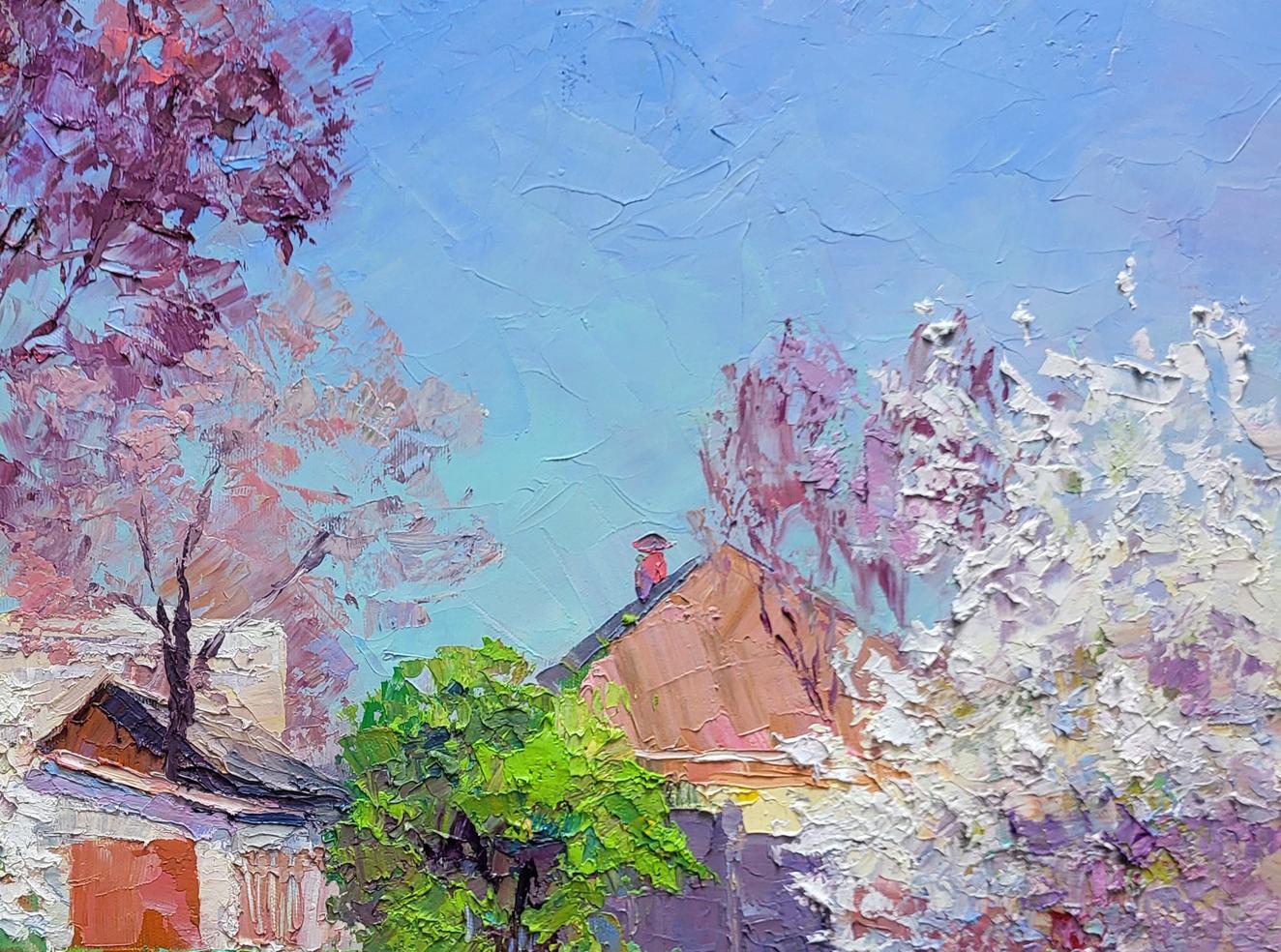 Oil painting Flowering garden by Boris Serdyuk: rustic house amid pink blooming trees