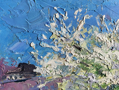 Textured oil painting of flowering tree and chickens by Boris Serdyuk in blue hues