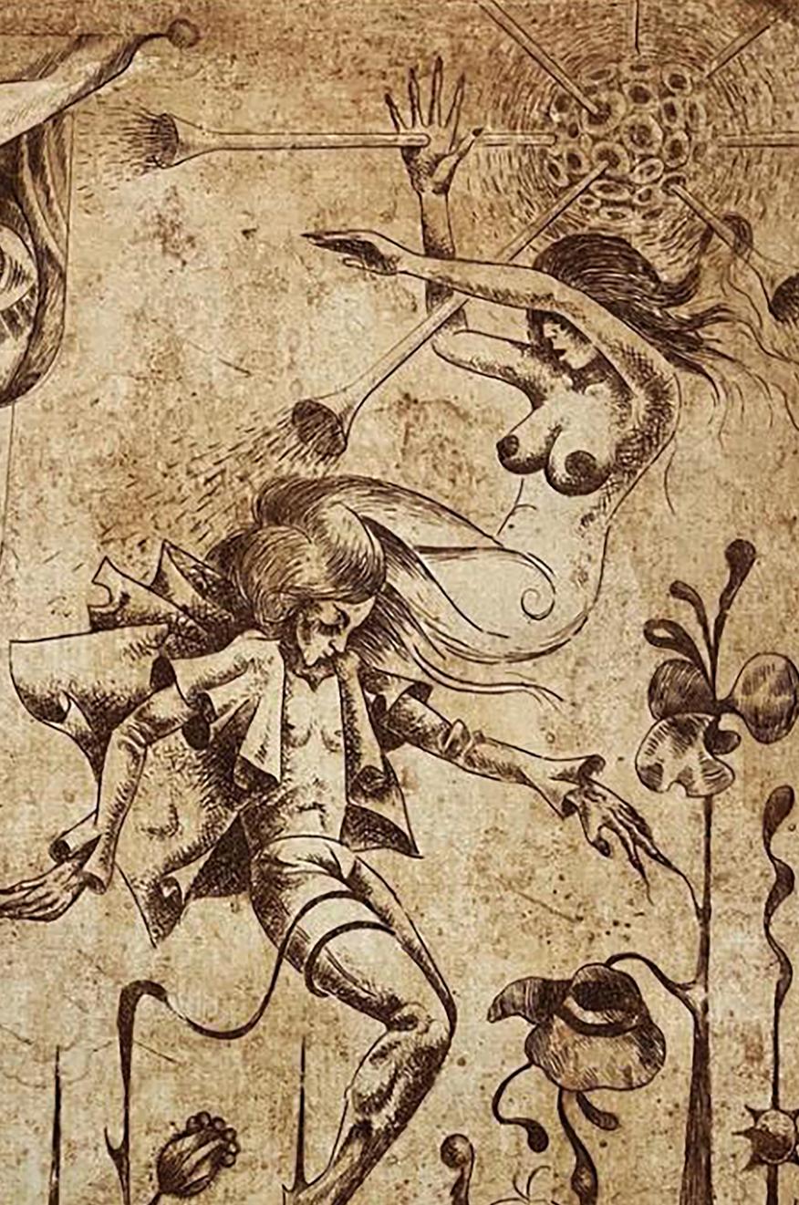 Sepia ink etching Falling into the sky by Oleksandr Zhmailo