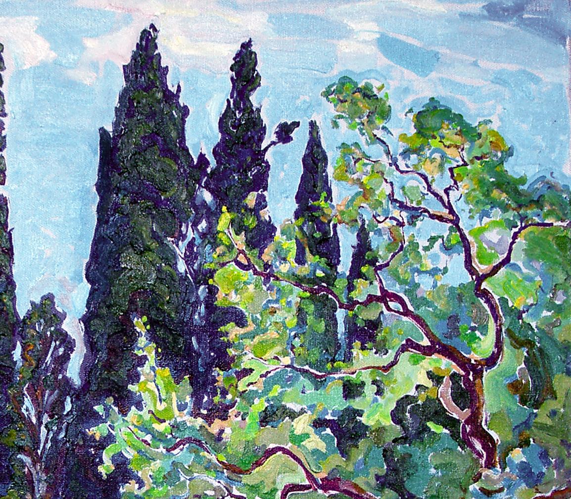Vibrant oil painting by Leonid Pavlenko: cypress trees landscape