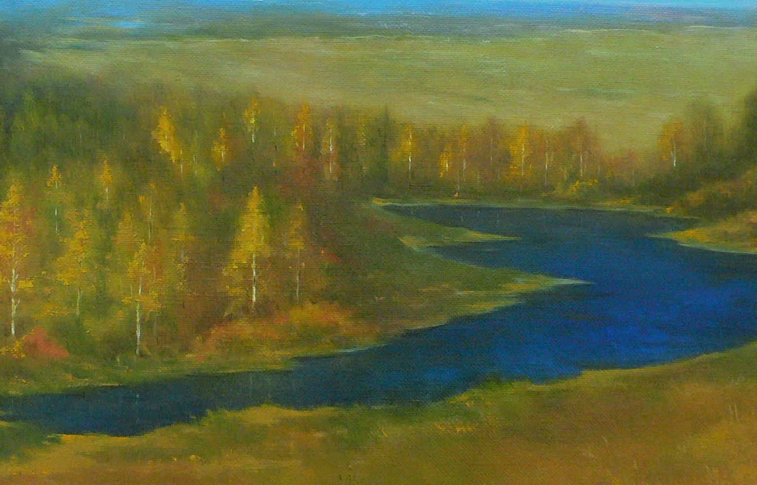 Serene oil painting Golden Autumn by Vasily Korkishko: winding blue river, autumn trees