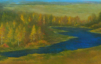 Serene oil painting Golden Autumn by Vasily Korkishko: winding blue river, autumn trees