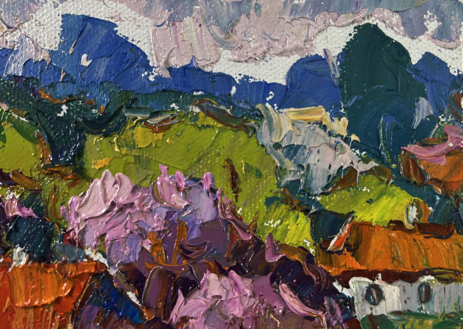 Oil painting Time stops in the green light by Oksana Ivanyuk with purple blossoms