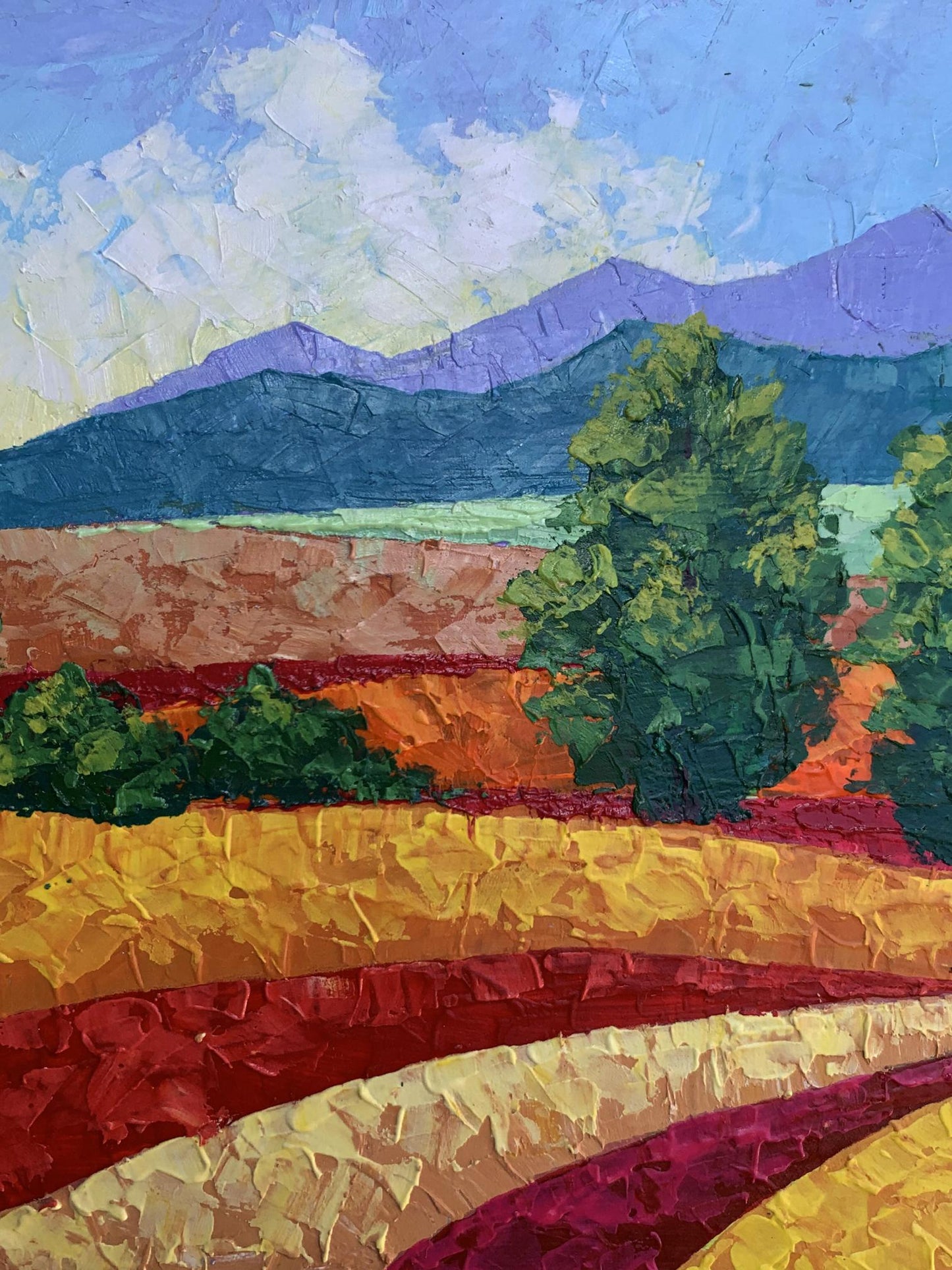 Vibrant impressionist oil painting by V. Zadorozhnya: sunny day in mountains