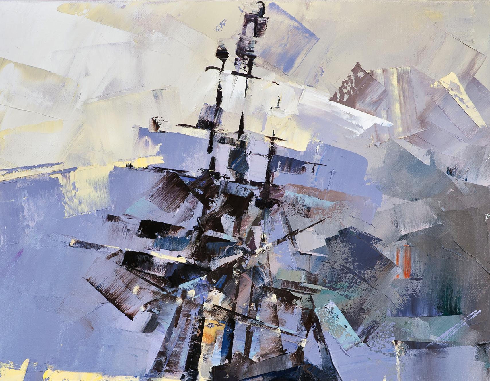 Abstract Ghost Ship oil painting by Volodymyr Gluhomanyuk in blues and grays