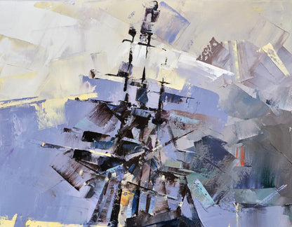Abstract Ghost Ship oil painting by Volodymyr Gluhomanyuk in blues and grays