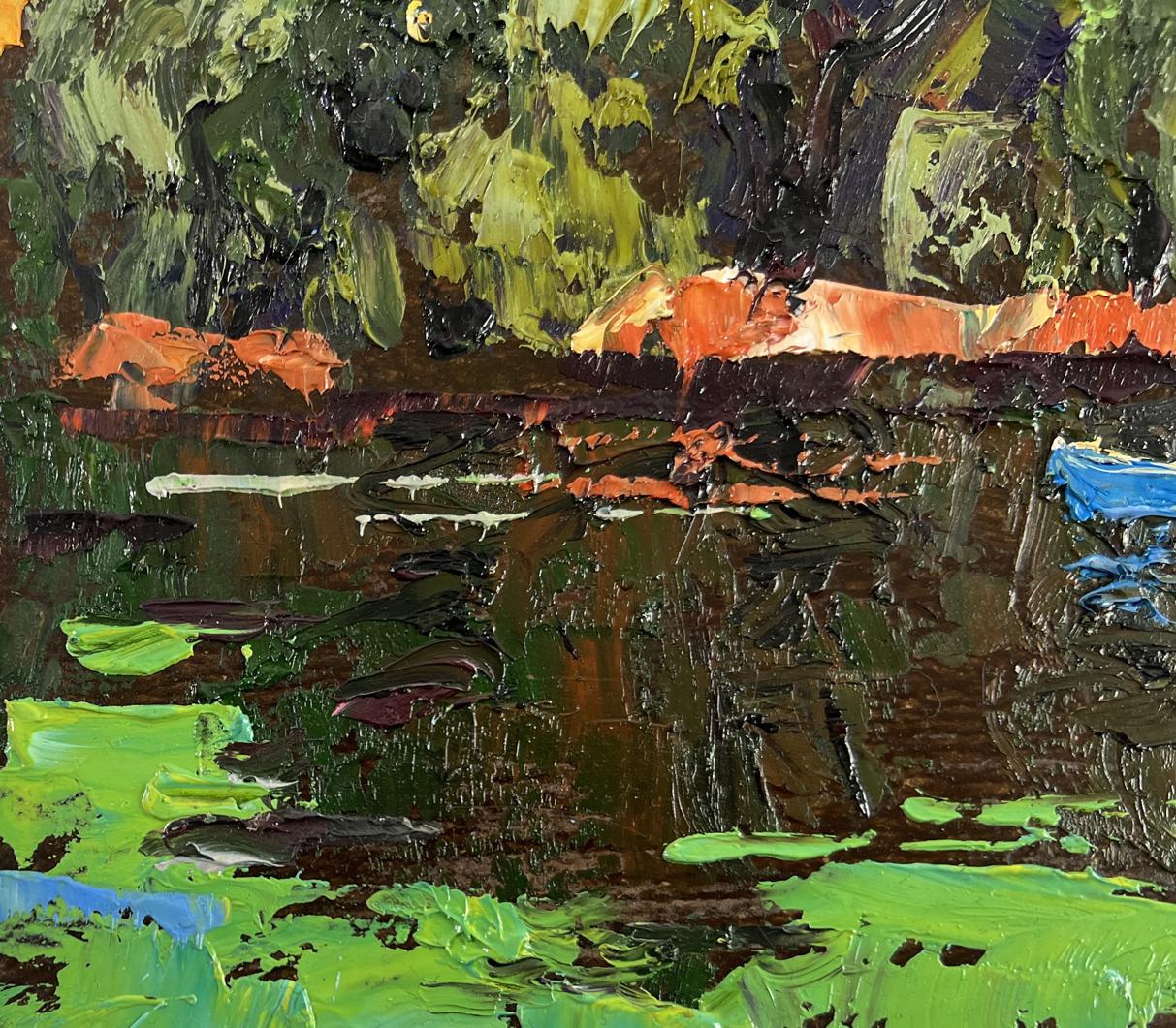 Impasto oil painting of willows bent over pond with lily pads by Oleksiy Ivanyuk