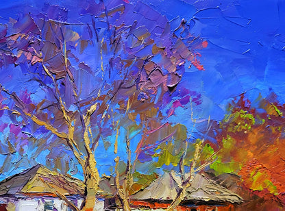 Oil painting Early spring by Boris Serdyuk: vibrant purple orange tree impasto