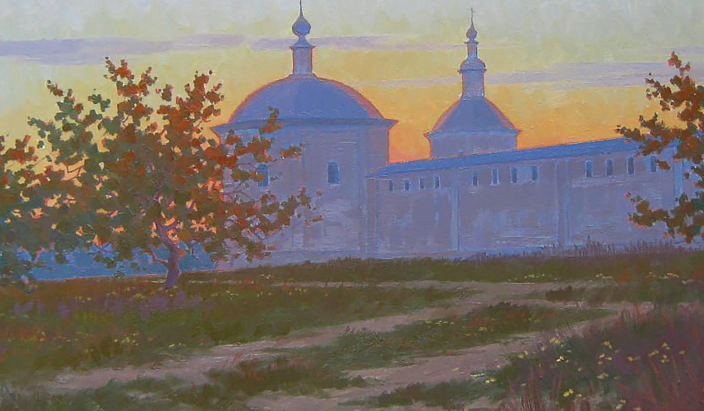 Oil painting The sun has set by Valery Savenets serene monastery twilight