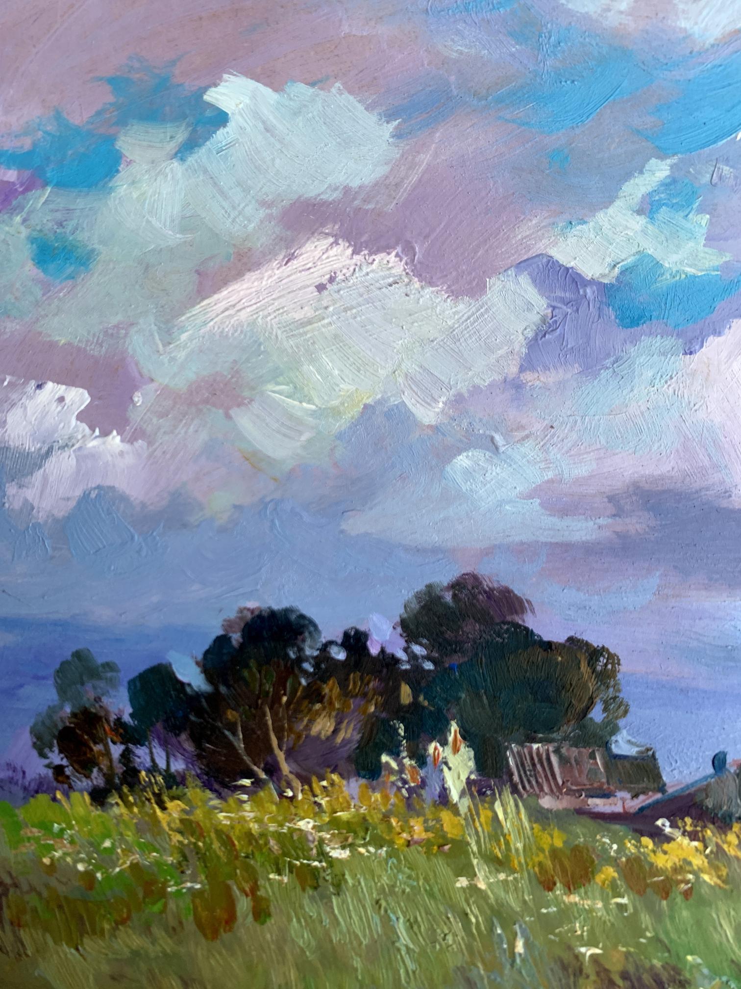 Vibrant impressionist oil painting by Yuriy Suprunchuk: yellow field under swirling sky