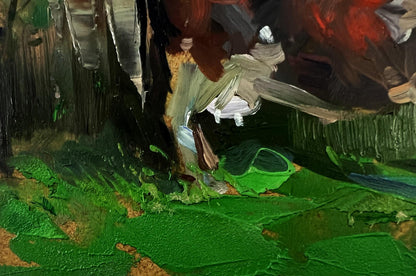 Oil painting by Yuriy Suprunchuk: cow near house with green grass and trees