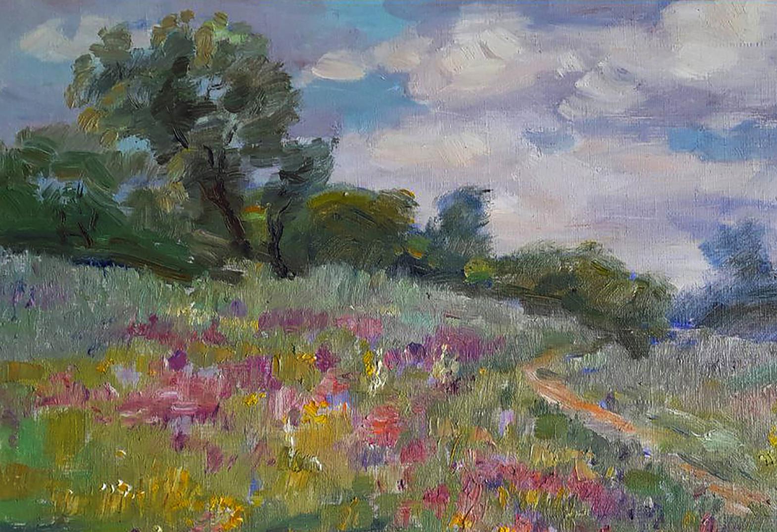 Vibrant oil painting by Ivan Kovalenko: path through sunlit flower field