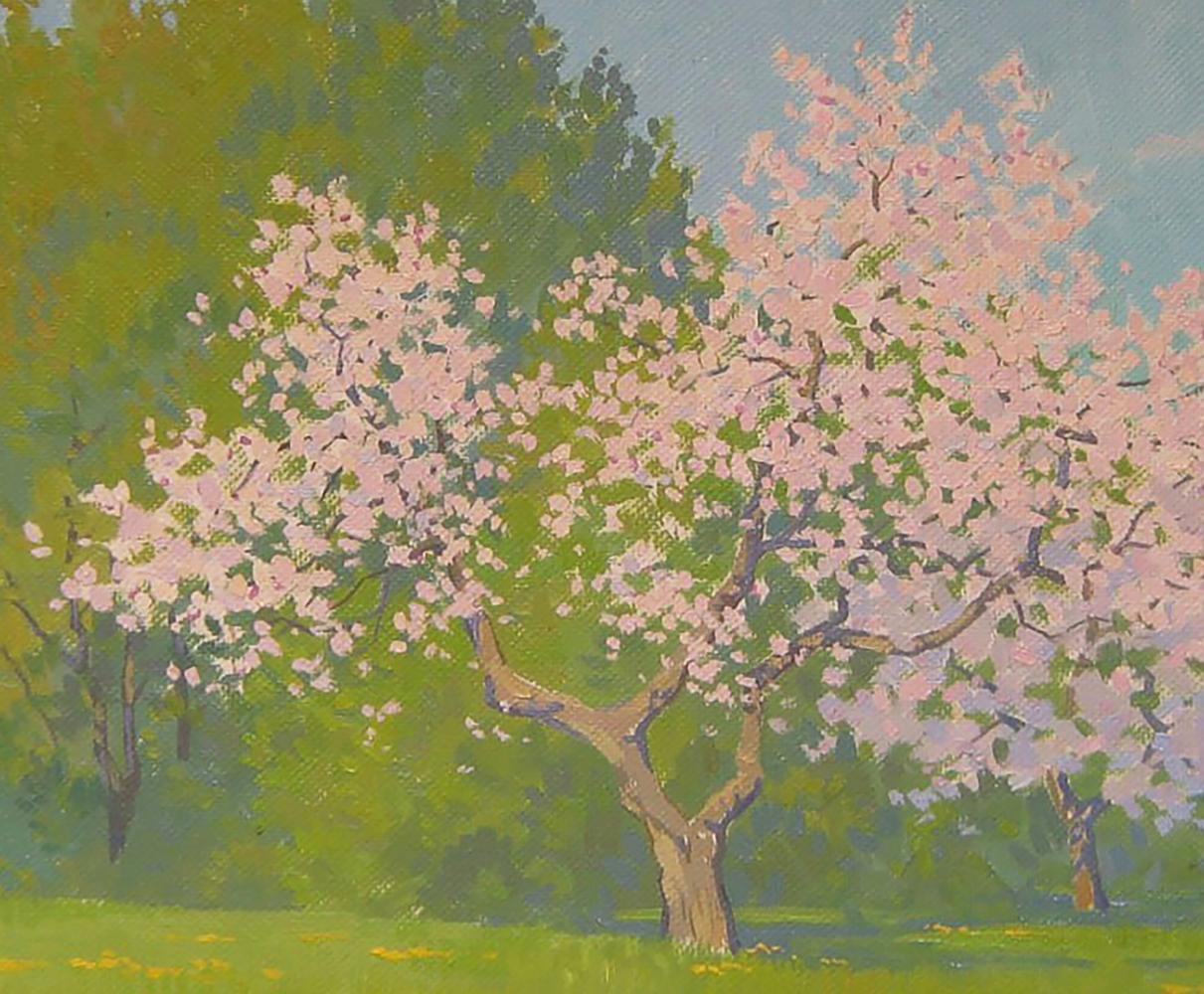 Oil painting of blooming old apple tree by Valery Savenets