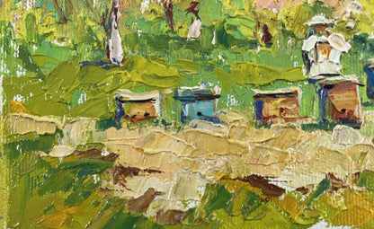 Oil painting Breath of Spring by Oleksiy Ivanyuk: beehives and beekeepers in fields