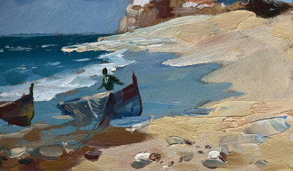 Oil painting of weathered blue red fishing boat on beach by lighthouse, Yuriy Suprunchuk