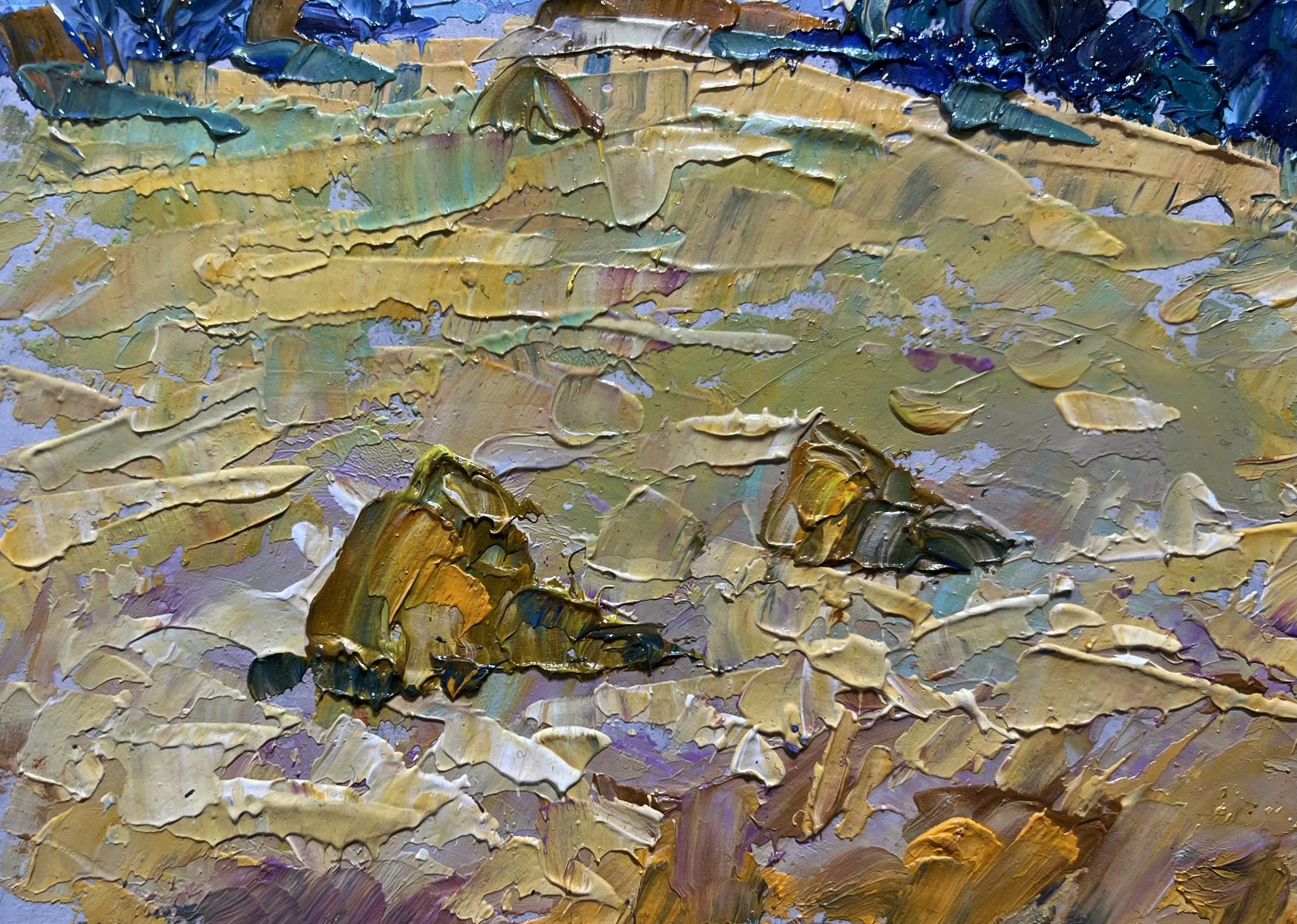 Oil painting In the Morning in a Wheat Field by Oleksiy Ivanyuk with textured gold ochre blues