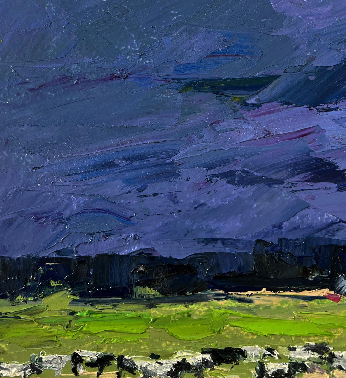 Oil painting Evening Field by Boris Serdyuk: vibrant green field under dramatic blue-purple sky