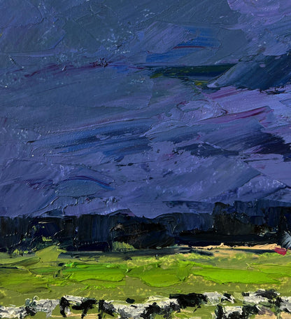 Oil painting Evening Field by Boris Serdyuk: vibrant green field under dramatic blue-purple sky