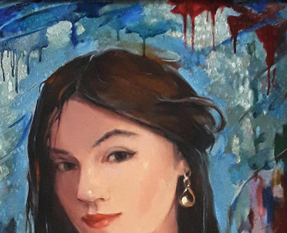 Oil painting portrait of girl with lion by Vasily Korkishko