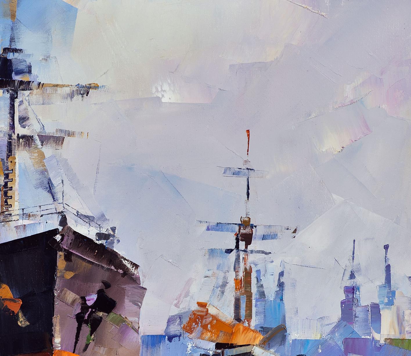 Oil painting Ships at the old lighthouse by Volodymyr Gluhomanyuk in abstract blues