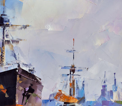 Oil painting Ships at the old lighthouse by Volodymyr Gluhomanyuk in abstract blues