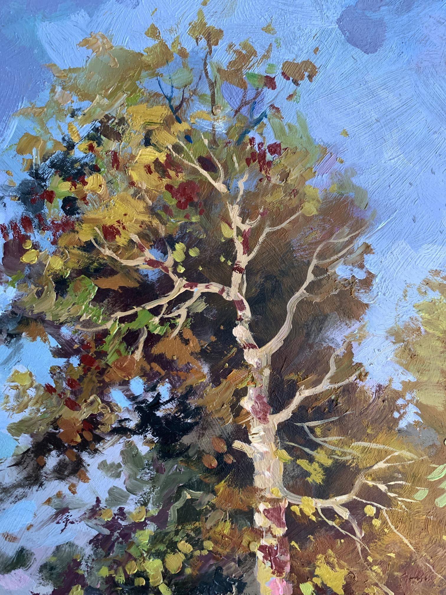 Oil painting Returning home by Yuriy Suprunchuk: vibrant autumn tree